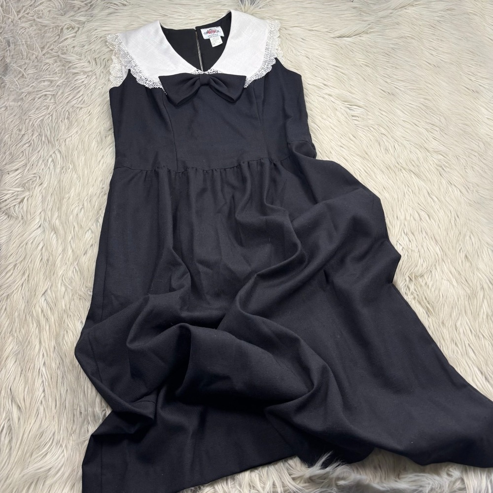 Vintage Lanz Women's 14 Black White Statement Collar Midi Dress Goth Dolly Kei
